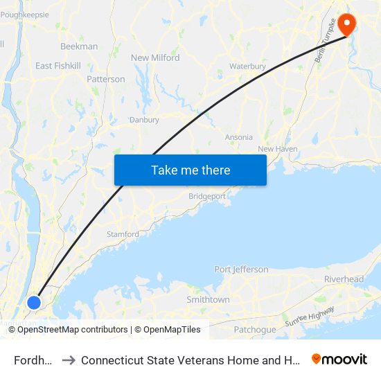 Fordham to Connecticut State Veterans Home and Hospital map