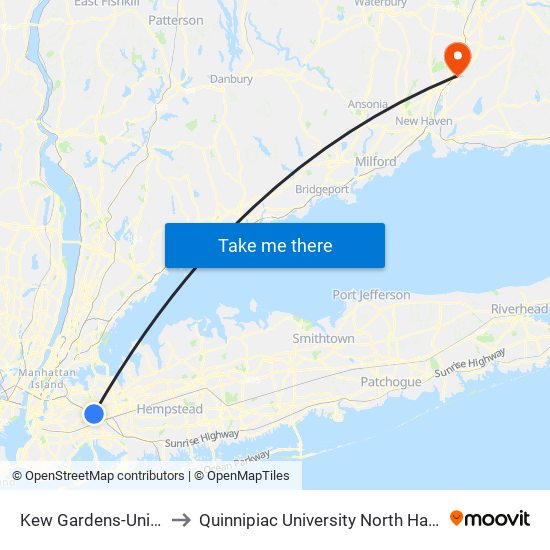 Kew Gardens-Union Tpke to Quinnipiac University North Haven Campus map