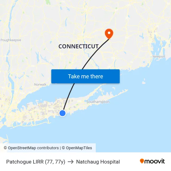 Patchogue LIRR (77, 77y) to Natchaug Hospital map