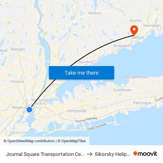 Journal Square Transportation Center to Sikorsky Heliport map