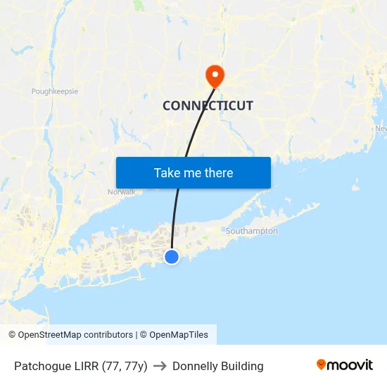 Patchogue LIRR (77, 77y) to Donnelly Building map