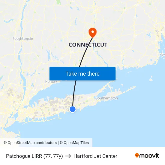 Patchogue LIRR (77, 77y) to Hartford Jet Center map