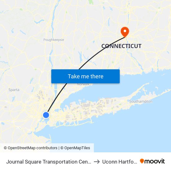 Journal Square Transportation Center to Uconn Hartford map
