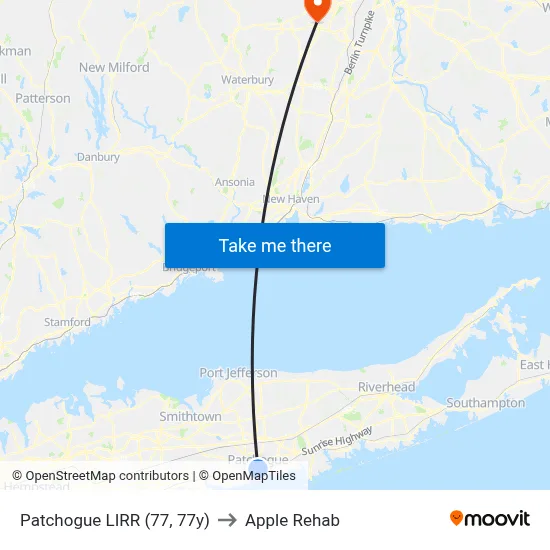 Patchogue LIRR (77, 77y) to Apple Rehab map