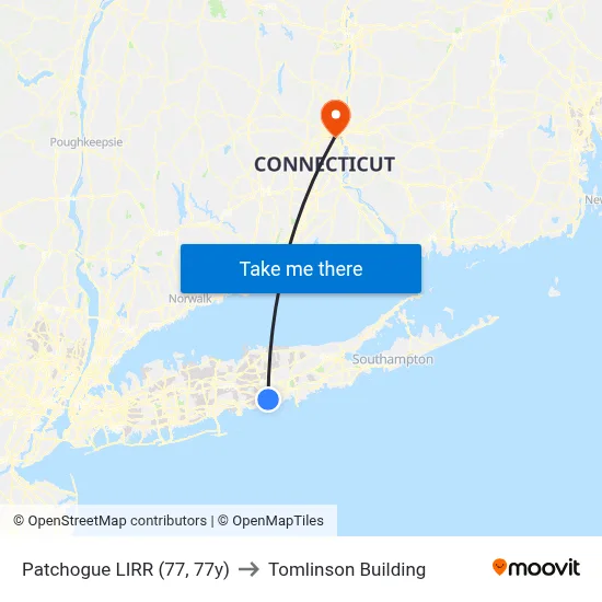 Patchogue LIRR (77, 77y) to Tomlinson Building map