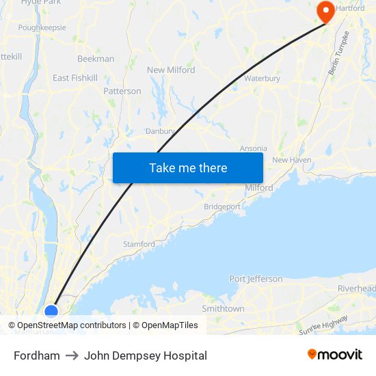 Fordham to John Dempsey Hospital map