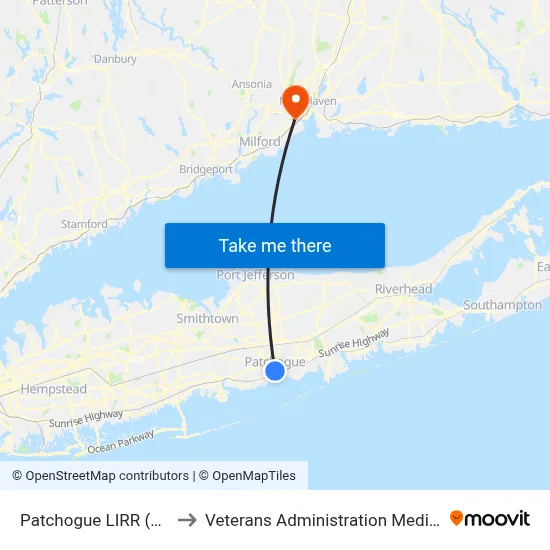 Patchogue LIRR (77, 77y) to Veterans Administration Medical Center map