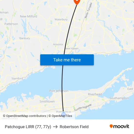 Patchogue LIRR (77, 77y) to Robertson Field map