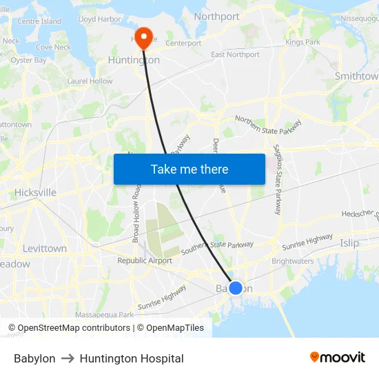 Babylon to Huntington Hospital map