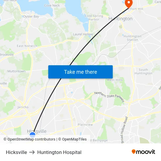 Hicksville to Huntington Hospital map