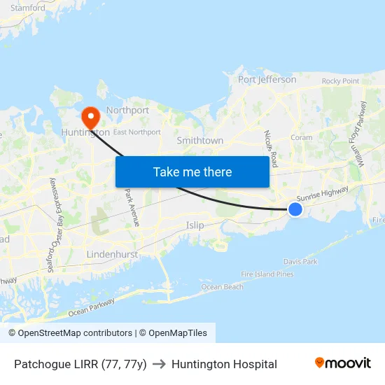 Patchogue LIRR (77, 77y) to Huntington Hospital map