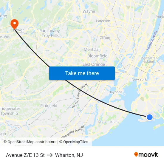 Avenue Z/E 13 St to Wharton, NJ map
