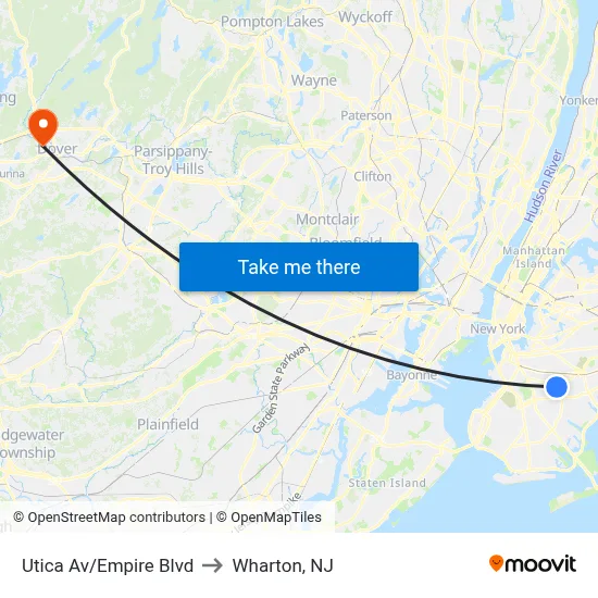 Utica Av/Empire Blvd to Wharton, NJ map