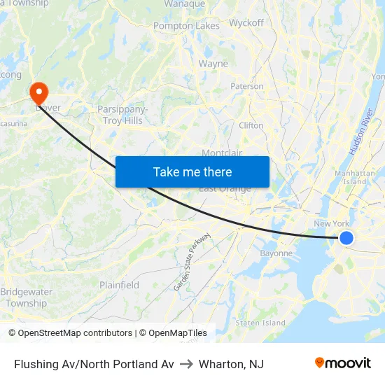 Flushing Av/North Portland Av to Wharton, NJ map