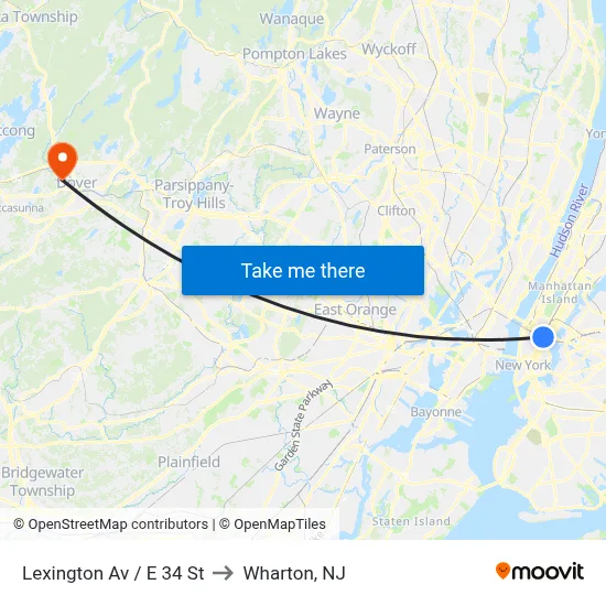Lexington Av / E 34 St to Wharton, NJ map