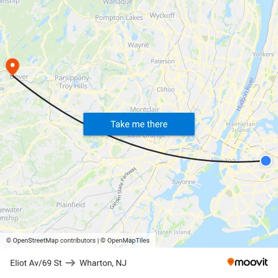 Eliot Av/69 St to Wharton, NJ map