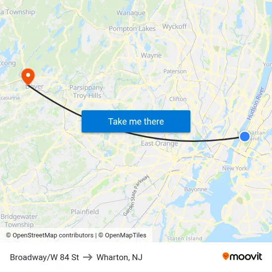 Broadway/W 84 St to Wharton, NJ map