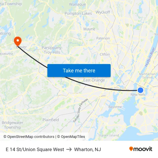 E 14 St/Union Square West to Wharton, NJ map