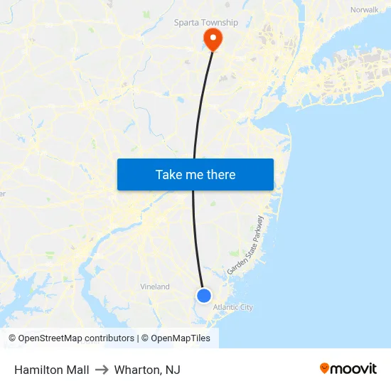 Hamilton Mall to Wharton, NJ map