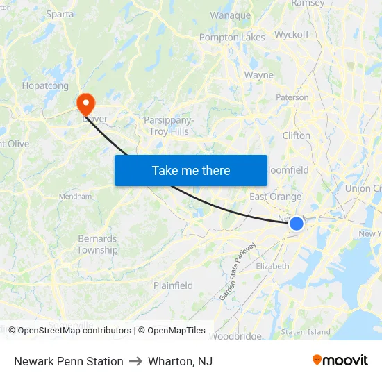 Newark Penn Station to Wharton, NJ map