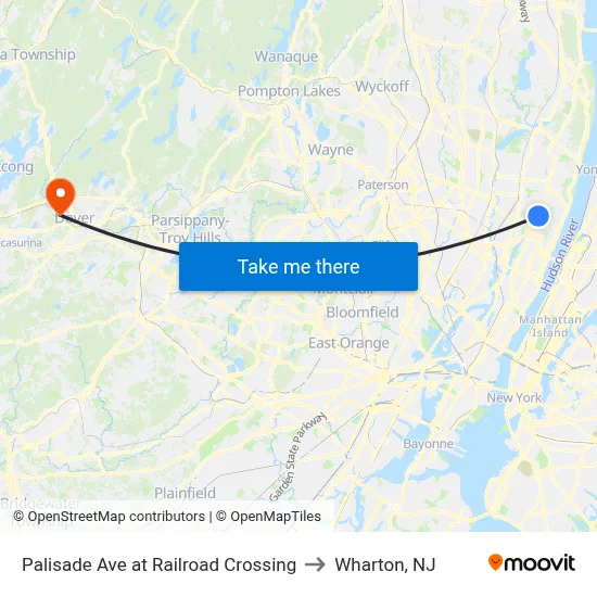 Palisade Ave at Railroad Crossing to Wharton, NJ map