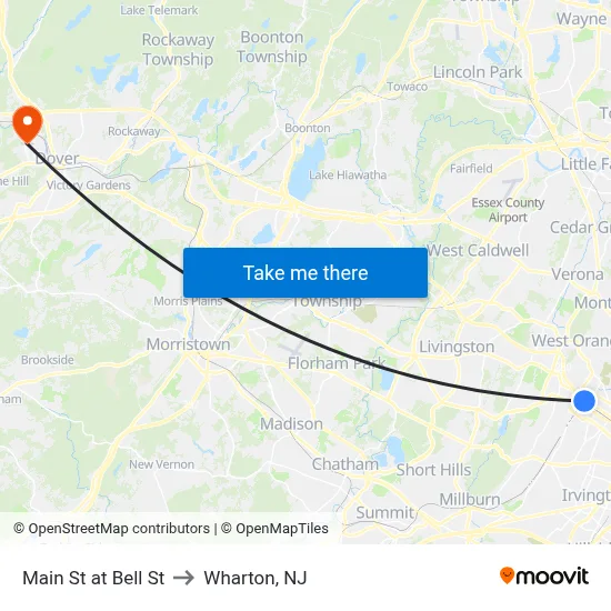Main St at Bell St to Wharton, NJ map