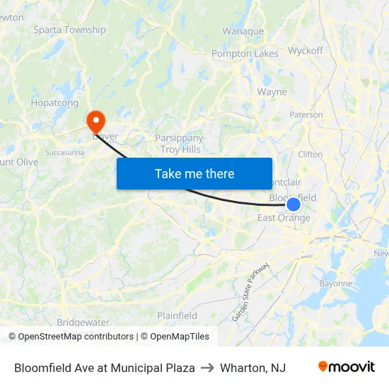 Bloomfield Ave at Municipal Plaza to Wharton, NJ map