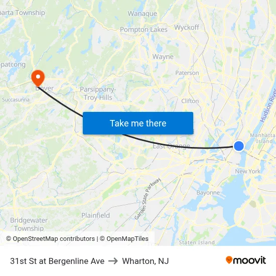 31st St at Bergenline Ave to Wharton, NJ map