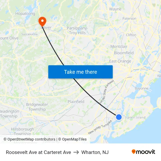 Roosevelt Ave at Carteret Ave to Wharton, NJ map