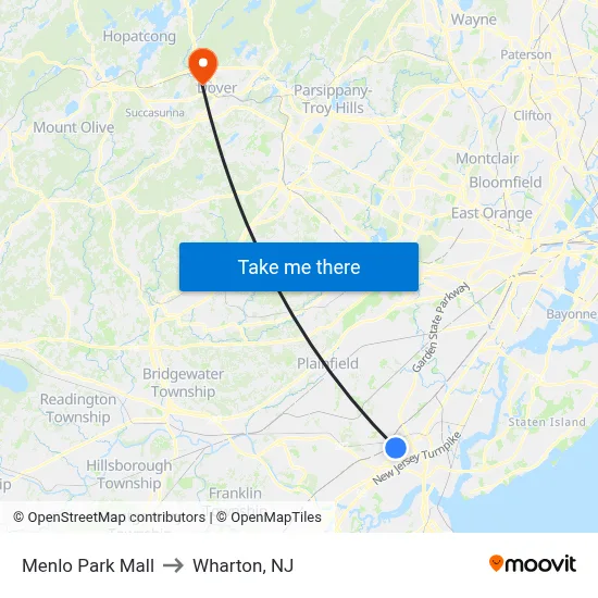 Menlo Park Mall to Wharton, NJ map