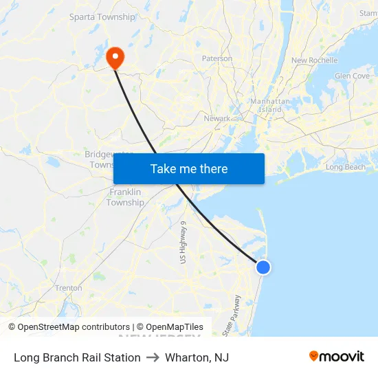 Long Branch Rail Station to Wharton, NJ map