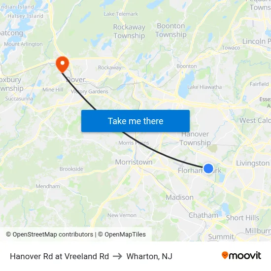Hanover Rd at Vreeland Rd to Wharton, NJ map