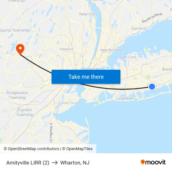 Amityville LIRR (2) to Wharton, NJ map