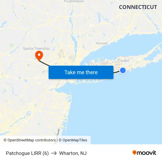 Patchogue LIRR (6) to Wharton, NJ map