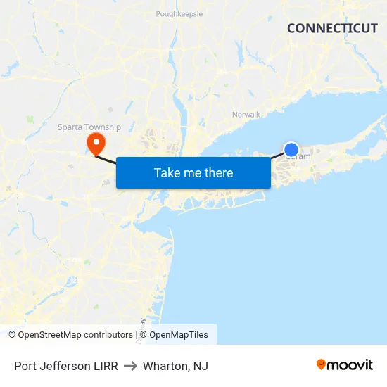 Port Jefferson LIRR to Wharton, NJ map