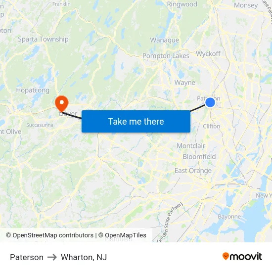 Paterson to Wharton, NJ map