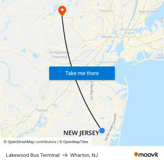 Lakewood Bus Terminal to Wharton, NJ map