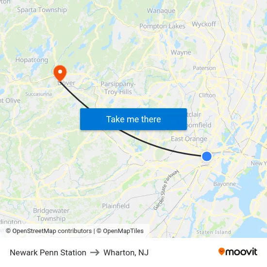 Newark Penn Station to Wharton, NJ map