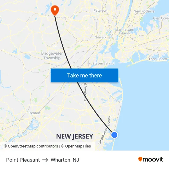 Point Pleasant to Wharton, NJ map