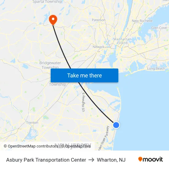 Asbury Park Transportation Center to Wharton, NJ map