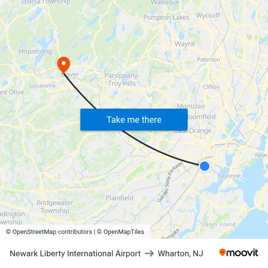 Newark Liberty International Airport to Wharton, NJ map