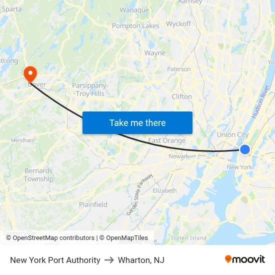 New York Port Authority to Wharton, NJ map