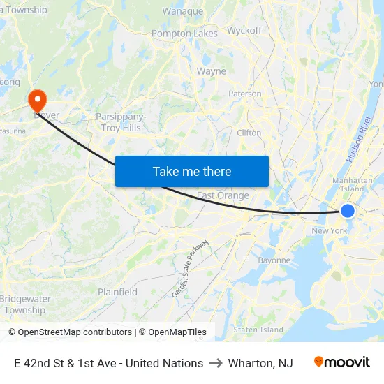E 42nd St & 1st Ave - United Nations to Wharton, NJ map
