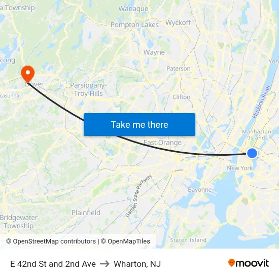 E 42nd St and 2nd Ave to Wharton, NJ map