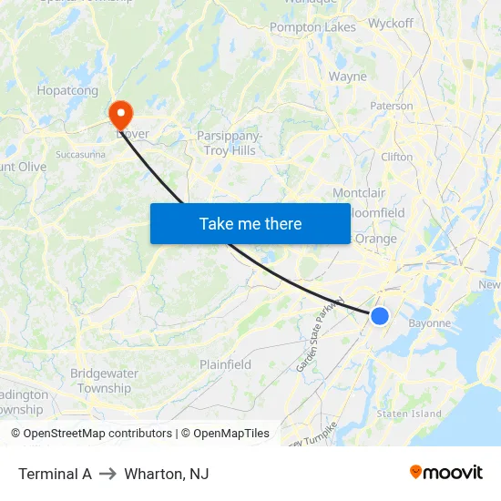 Terminal A to Wharton, NJ map