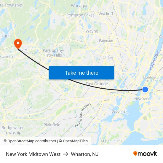 New York Midtown West to Wharton, NJ map