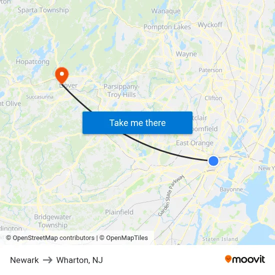 Newark to Wharton, NJ map