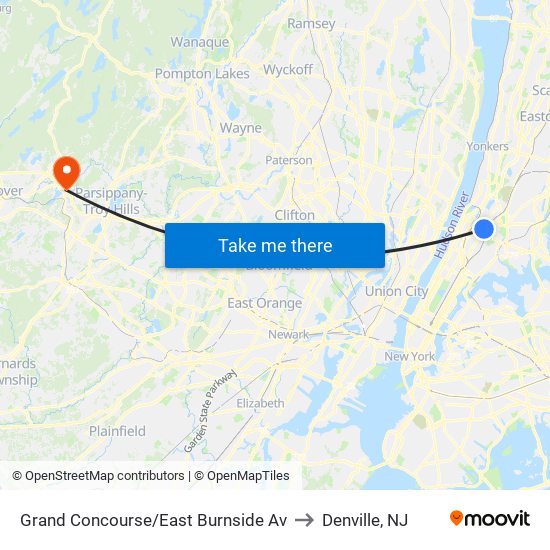 Grand Concourse/East Burnside Av to Denville, NJ map