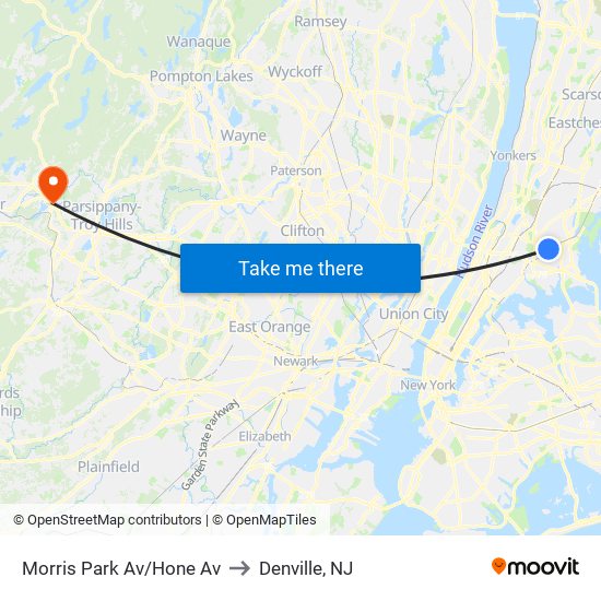 Morris Park Av/Hone Av to Denville, NJ map