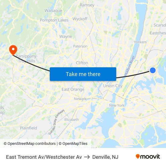 East Tremont Av/Westchester Av to Denville, NJ map